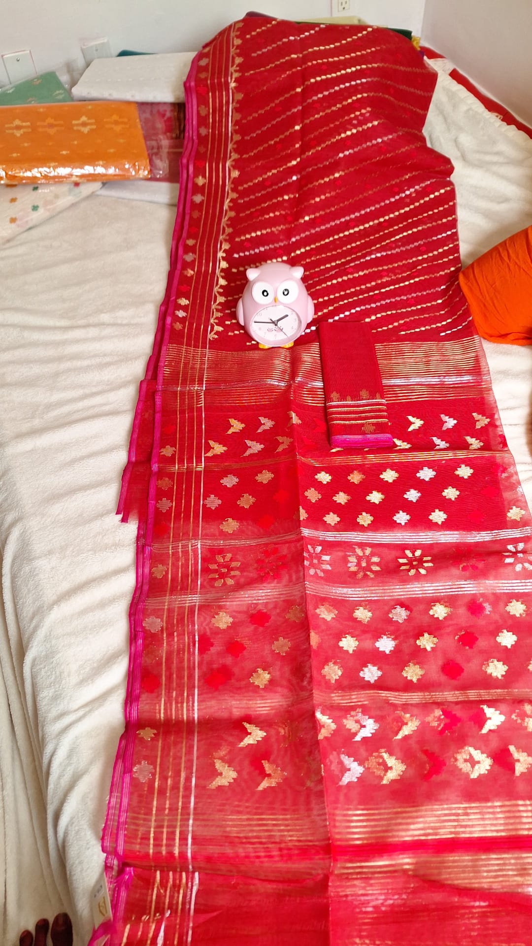 Premium Elegant Red Jamdani Saree with Golden Zari Weaving